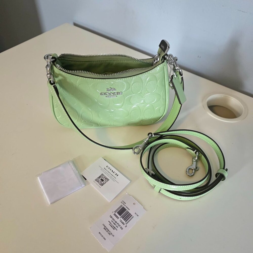 NWT Coach Teri Shoulder Crossbody Mini in signature patent leather Pale Green - Picture 6 of 9